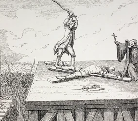En forbryter dømt til døden blir knust på et Andreaskors i 1700-tallets brudd, 1875
