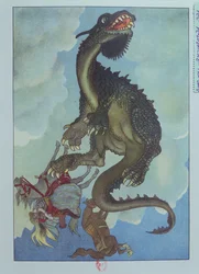 En drage som faller fra himmelen, illustrasjon fra den ungarske historien, 'The Story of Fairy Pervenche', ca. 1910 (farge litho)