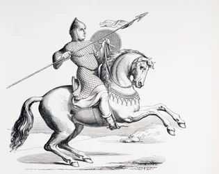 En normannisk ridder kledd i ringbrynje og hjelm som bærer spyd og skjold, 1873