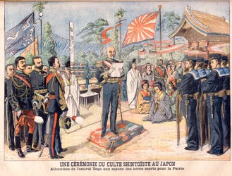 A Shinto ceremony in Japan. Admiral Togo addressing the spirits of Japanese heroes killed in the Russo-Japanese War A ceremony of Shintoist worship in Japan. Address by Admiral Togo (Togo Heihachiro