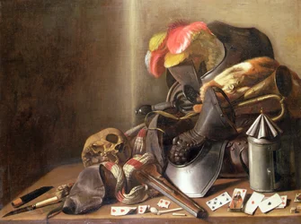 A Vanitas Still Life with a Skull, Playing cards and Armour, ca. 1650 (olje på lerret)