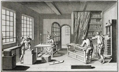 Et bookmakerverksted, fra Encyclopedie des Sciences et Metiers av Denis Diderot (1713-84) utgitt ca. 1770