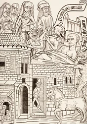 En døende synder omgitt av sin familie og to djevler hvisker i øret hans, side fra 1400-tallets tekst Ars Moriendi eller The Art of Dying, fra Les Artes au Moyen Age, publisert 1873