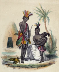 En familie av kanadiske indianere foran tipiene sine; illustrasjon av Canada i «De tolv nasjonene» av M. E. Fouinet
