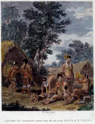 En familie av karib-indianere fra øya Saint Vincent i Vestindia. Gravering av Chartres Museum of Fine Arts fra 1800-tallet.
