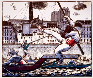 En jousting-konkurranse på en elvefestival på Seinen, Paris, ca. 1890-1920 (treblokktrykk i farger)