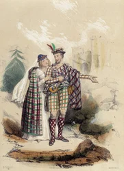 En mann som bærer en kilt, og hans ledsager foran et slott; illustrasjon til Skottland i «De tolv nasjonene» av M. E. Fouinet
