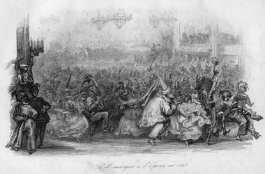 Et maskert ball på Paris Opera i 1843. (“” Le carnival”” sang av Marc-Antoine Madeleine Desaugiers) i “” - CHANS et CHANS POPULES DE LA FRANCE - 1843 - H.- L. DELLOYE, forlegger, LIBRAIRIE DE GARNIER.