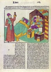 En pasient med en lege og en farmasøyt, fra Le Livre des Proprietes des Choses av Barthelemy lAnglais, 1485 (fargetresnitt)