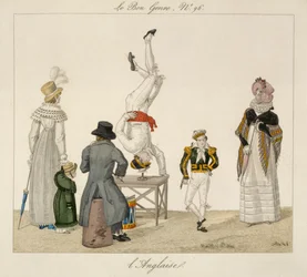 En utøver som står på hodet og balanserer på et glass, plate 96 fra le Bon Genre, ca. 1810 (fargegravering)