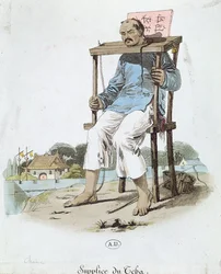 En fange i Cangue i Kina, ca. 1800 (fargegravering)