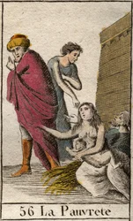 A representation of poverty, barefoot and clothed in shards, she sits on straw. (Representation of Poorness, dressed with tatters, barefoot, she sits on straw). From “Mythology of Youth” by Pierre Blanchard 1803.