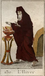 En representasjon av vintersesongen som en gammel mann som varmes opp igjen ved et bål. (Vinteren representert som en gammel mann som prøver å varme seg opp ved et bål). Fra "Mythology of Youth" av Pierre Blanchard 1803.