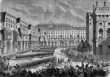 En gjennomgang av troppene vedtatt av den italienske kongen Victor Emmanuel II (Victor-Emmanuel) (Vittorio Emanuele) i Torino 7. juni