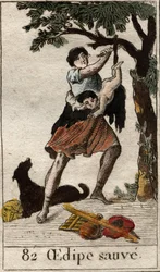 A shepherd saves Oedipus as a child, abandoned by his parents because of the pressing of the oracle of the Pythia (Oedipus abandoned by his parents because of the oracle of the Pythia is saved by a shepherd). From “Mythology of Youth” by Pierre Blanchard 1