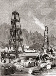 En petroleumskilde ved Oil Creek ved Allegheny River, Pennsylvania, USA i 1858, oppdaget av Edwin Laurentine Drake, alias oberst Drake, fra 