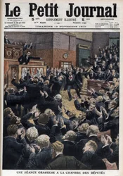 Et stormfullt møte i Deputertkammeret - Statsminister Aristide Briand anklager sosialistenes leder, Jean Jaurès, for lovbrudd - Illustrasjon fra «Le Petit Journal», illustrert bilag