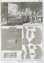 Et skredderverksted og mønstre, fra Encyclopedie des Sciences et Metiers av Denis Diderot (1713-84) utgitt ca. 1770