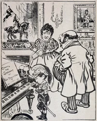En brukt bronsekarikatur med slagskip, noter til Deroulede på piano og statuett av Jeanne d#39;Arc (betydning), «Psst» 03.12.1898.