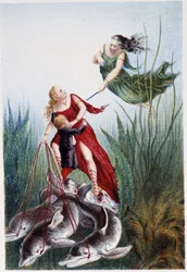 En kvinne angriper en annen kvinne og en gutt ledet av delfiner - i "" Reise til bunnen av havet"" av H. de la Blanchère. Paris, red. Jouvet et Cie, sd. 1880. (dobbel 02947 og 02952)