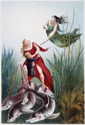 En kvinne som angriper en annen kvinne og en gutt ledet av delfiner - i «Reisen til havets bunn» av H. de la Blanchère. Paris, red. Jouvet et Cie, sd. 1880. (dobbel 02947)
