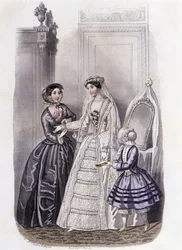 A woman in a wedding dress surrounded by a girl and a lady - in “Journal des Demoiselles”” 1852.