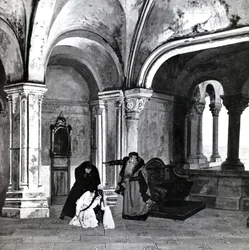 Akt IV, Scene 2 av Pelleas et Melisande av Debussy, fra et fotografi av den første produksjonen i april, 1902 av operaen på Opera-Comique i Paris, illustrasjon i Theatre magazine, juni, 1902 (l
