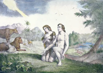 Adam og Eva i Edens hage, sent på 1800-tallet (fargegravering)