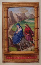Legg til 35214 f.72v Flight into Egypt, fra a Book of Hours, Paris