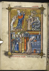 Legge til. 54180, f. 136v, Miniatyr med engler i pilegrimskjole, fra 