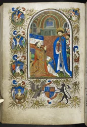 Legg til Ms 18850 f.256v, Duke of Bedford before St George, fra Book of Hours (The Bedford Hours) c.1410-30 (blekk, farge og gull på vellum)
