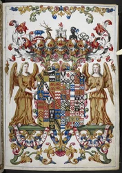 Legg til Ms 18850 f.s008r Coat of Arms fra Book of Hours (The Bedford Hours) c.1410-30 (blekk, farge og gull på vellum)
