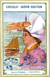 Reklamekromolitografi av sjokolade Guerin Boutron, hodeplaggene i regionene i Frankrike, Ille et Vilaine, Saint Briac, illustrasjon Emile Jammes (kromolitografi)
