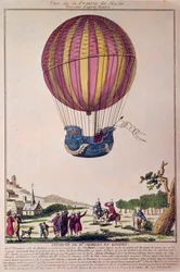 Aerostat: det andre forsøket på å fly med en ballong. Charles og Robert lander på Prairie de Nesle, nær Paris, etter en tur med en hydrogengassballong den 01.12.1783. Gravering fra det 18. århundre.