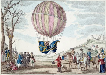 Aerostat: det andre forsøket på å fly med en ballong. Klatring av Charles og Roberts hydrogengassballong på Prairie de Nesle, nær Paris, 12.01.1783. Anonymt trykk fra 1700-tallet. Paris, dekorativ kunst.