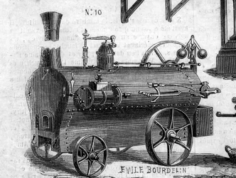 Landbruksmaskin: et lokomobil presentert ved landbrukskonkurransen i Paris i 1860. Gravering i “” Le Monde Illustré”” nr. 169 av 7. juli 1860.