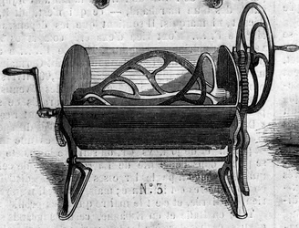 Landbruksmaskin: en mekanisk petrin for brødbaking presentert på landbruksutstillingen i Paris i 1860. Gravering i "" Le Monde Illustré"" nr. 168 av 30. juni