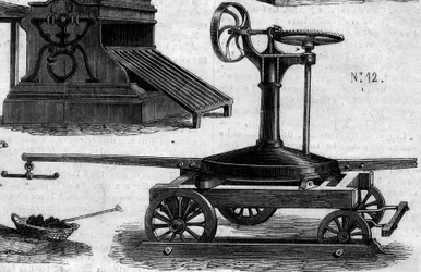 Landbruksmaskin: en bærbar manege presentert ved landbrukskonkurransen i Paris i 1860. Gravering i “” Le Monde Illustré”” nr. 169 av 7. juli 1860.
