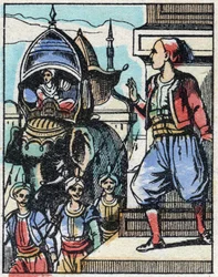 Aladin forelsker seg i sultanens datter. Gravering av historien om tusen og én natt "" Aladin og den fantastiske lampen"". Epinal avbildning, slutten av 1800-tallet. Privat samling.
