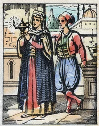 Aladin wears the magic lamp to his mother. Engraving of the tale of Thousand and One Nights “” Aladin and the Wonderful Lamp””. Epinal imaging, late 19th century. Private collection.