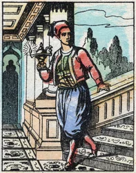 Aladin with the magic lamp no longer finds his way. Engraving of the tale of Thousand and One Nights “” Aladin and the Wonderful Lamp””. Epinal imaging, late 19th century. Private collection.