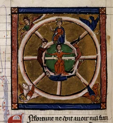 Alexander III den store (356-323 f.Kr.) som sitter på lykkehjulet omgir tetramorfen. Miniatyr av manuskriptet "Histoire ancienne à la Cesar", rundt 1260-1270 skrevet av en kontorist i tjeneste ved hoffet til Roger IV, Chatelain av Lille (120