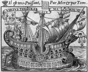 Allegori om fransk makt: "Statens skip", symbol på Frankrike, minner også om våpnene til byen Paris. Utdrag fra «Livre des monnoyes etrangeres ou le grand banker de France» (1687) av Francois Barreme (1638-1703), fransk matematiker. Eng