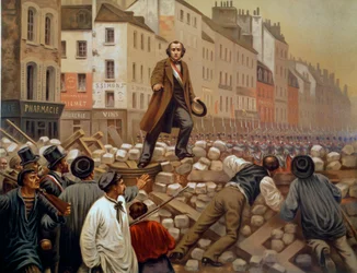 Alphonse Baudin (1811–1851) på barrikaden ved Faubourg Saint Antoine den 12. mars 1851 under Louis Napoleon IIIs (Louis-Napoleon Bonapartes) statskuppe. Gravering fra 1851.