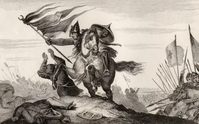 En fransk ridder i kamp fra det 8. århundre, fra «Histoire de France» av Colart, utgitt ca. 1840 (gravering)