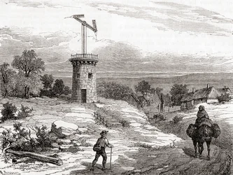 En lufttelegrafpost på 1700-tallet, fra Les Merveilles de la Science, publisert ca. 1870 (gravering)