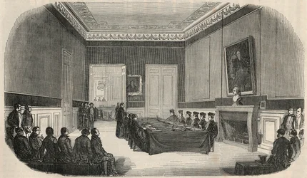 En eksamen i styrerommet ved School of Law i Paris - Gravering i "" Tableau-de-Paris"" av Edmond Texier 1852