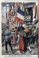 En gammel fransk soldat i tysk-okkuperte Strasbourg har lov til å vise det franske flagget - "Le Petit Journal" 20. september 1908 (gravering)