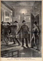 Anarkister i England. Politiet raiderte Autonomy Club i London. Anarkister i England. Politiet ved London Autonomist Club. Illustrasjon for Le petit Journal, 5. mars 1894