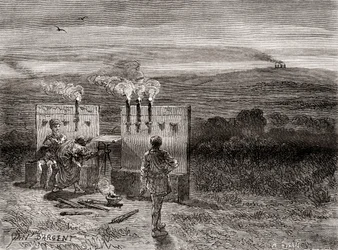 Den antikke greske historikeren Polybius arbeider med Polybius-kvadratet eller sjakkbrettet, et system han oppfant som et hjelpemiddel for telegrafi ved bruk av fakler, fra Les Merveilles de la Science, utgitt ca. 1870 (gravering)